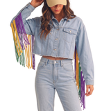 Mardi Gras Crochet Rainbow Fringe Blue Denim Jacket (Each)