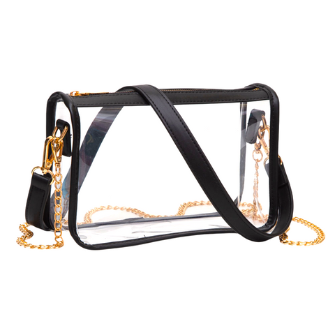 Clear Rectangle Crossbody Bag with Black and Gold Detachable Strap (Each)