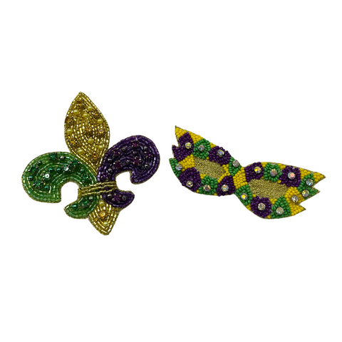 Purple, Green, & Gold Beaded Fleur De Lis & Mask Pins (Each)