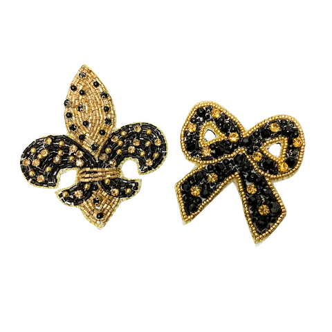 Black & Gold Beaded Fleur De Lis & Ribbon Pins (Each)