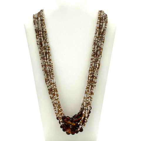 27" Brown and Clear Glass Bead Necklace (Dozen)