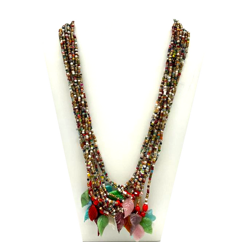 27" Multi Color with Leaves Glass Bead Necklace (Dozen)