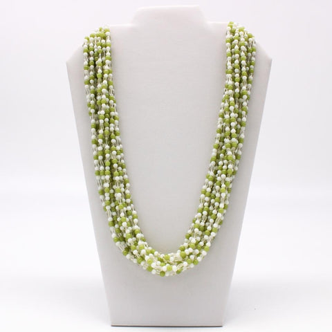 27" Silver and  Green and White Glass Bead Necklace (Dozen)