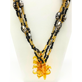 26" Fleur de Lis Glass Pendant Necklace with Glass Black and Gold Beads (Each)