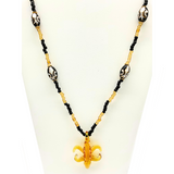 26" Fleur de Lis Glass Pendant Necklace with Glass Black and Gold Beads (Each)