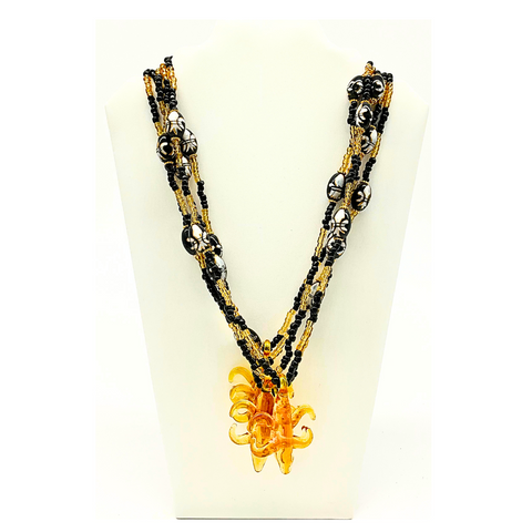 26" Fleur de Lis Glass Pendant Necklace with Glass Black and Gold Beads (Each)