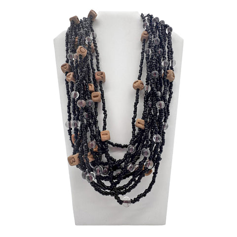 27" Black and Clear Glass and Clay Bead Necklace (Dozen)
