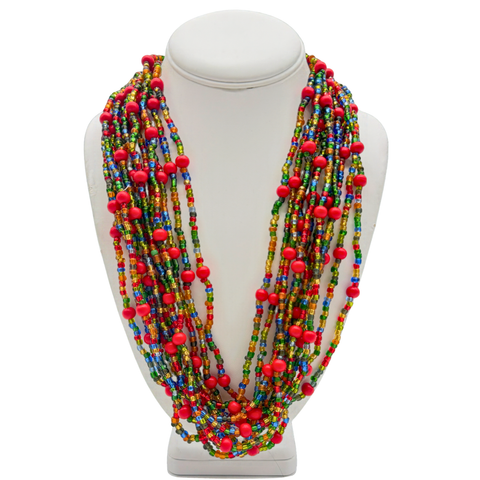 27" Vibrant Multicolor Glass and Wooden Bead Necklace (Dozen)