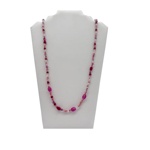 27" Mixed Pink Assorted Glass, Wooden, and Velvet Bead Necklace (Dozen)
