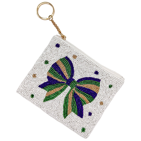 White Mardi Gras Bow Beaded Coin Purse (Each)