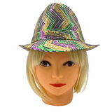 Purple, Green and Gold Sequins Zig Zag Stripes on White Fedora (Each)