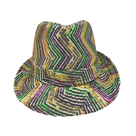 Purple, Green and Gold Sequins Zig Zag Stripes on White Fedora (Each)