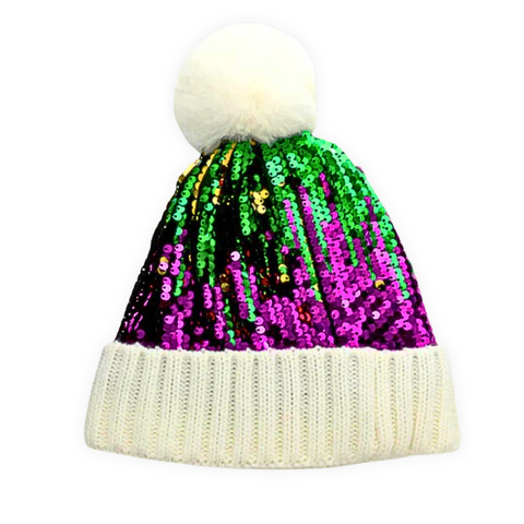 Mardi Gras Sequin Pom Pom Beanie Hat (Each)