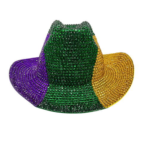 Purple, Green, and Gold Mardi Gras Rhinestone Cowboy Hat (Each)