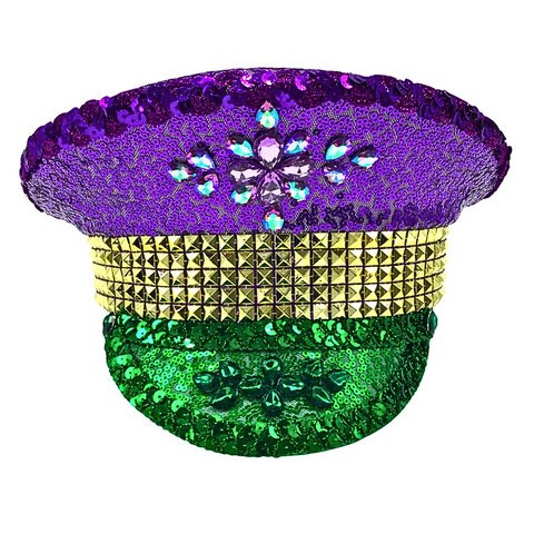 Purple, Gold, and Green Bedazzled Mardi Gras Captain Hat (Each)