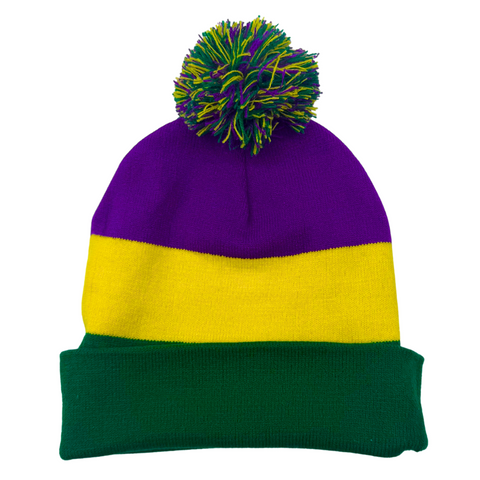 Purple, Green, and Yellow Knit Hat with Pom Pom (Each)