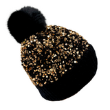 Gold Sequin Beanie with Black Pom Pom (Each)