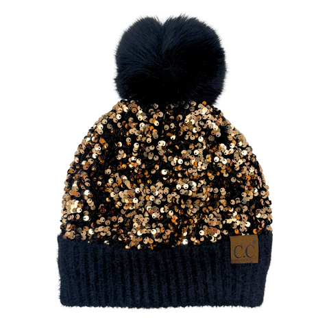 Gold Sequin Beanie with Black Pom Pom (Each)
