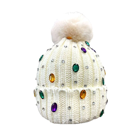 White Mardi Gras Crystal Puff Ball Beanie (Each)
