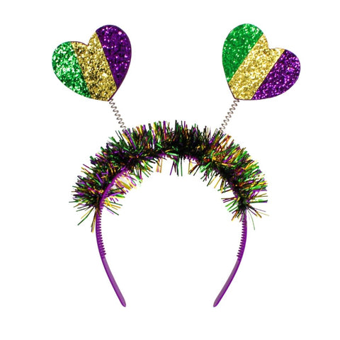 Purple, Green, and Gold Mardi Gras Glitter Hearts Headband (Pack of 6)