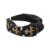 Fleur de Lis Jeweled Beaded Knotted Black Headband (Each)