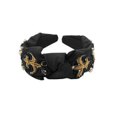 Fleur de Lis Jeweled Beaded Knotted Black Headband (Each)