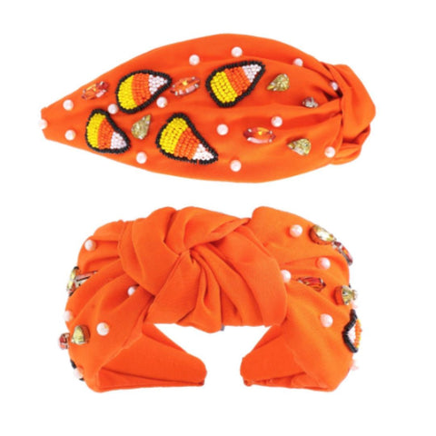Orange Candy Corn Beaded Halloweeen Knotted Headband (Each)