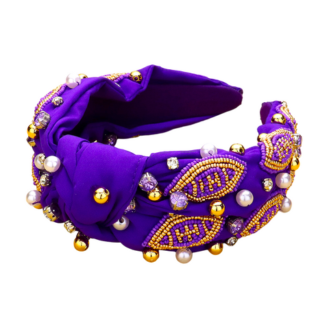 Purple and Gold Seed Beaded Football, Pearl and Stone Embellished Knot Headband (Each)