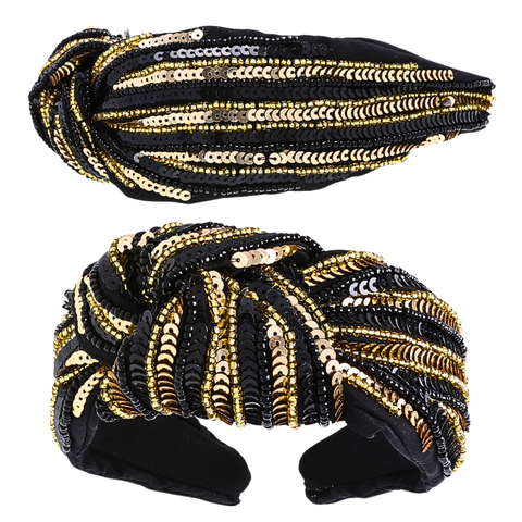 Black and Gold Team Stripe Sequin Knotted Headband (Each)
