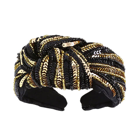 Black and Gold Team Stripe Sequin Knotted Headband (Each)