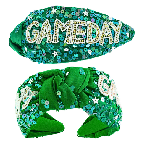 Green and White Game Day Jeweled Knotted Headband (Each)