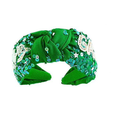 Green and White Game Day Jeweled Knotted Headband (Each)