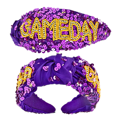 Purple and Gold Game Day Jeweled Knotted Headband (Each)