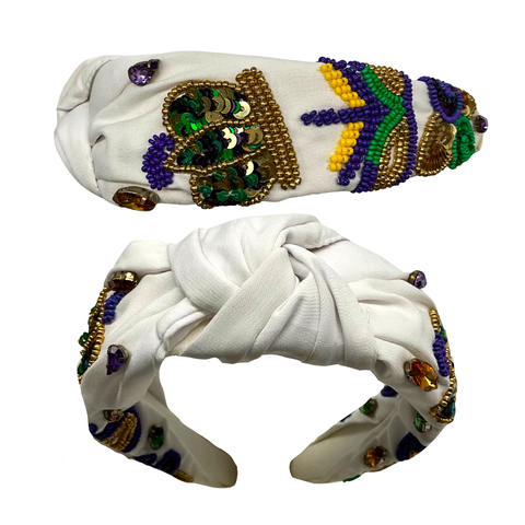 White Mardi Gras Theme Beaded Knot Headband (Each)