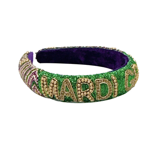 Purple,Green and Gold Mardi Gras Patterned Beaded Headband (Each)
