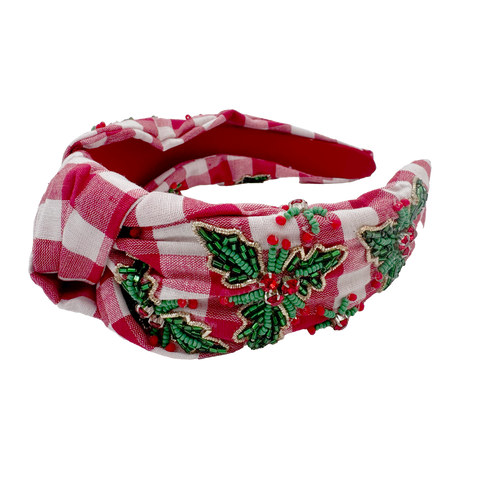 Red Christmas Gingham Holly Headband (Each)
