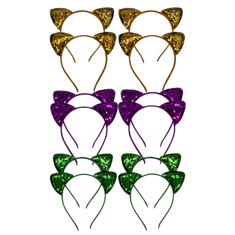 Mardi Gras Purple, Yellow, and Green Sequin Cat Ear Headband (Pack of 12)