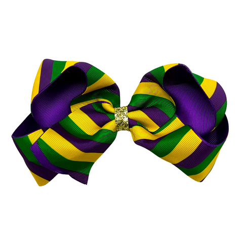 Purple, Green, and Yellow Stripe Mardi Gras Bow with Clip (Each)