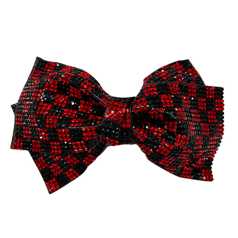 Red & Black Rhinestone Checkered Hair Bow (Each)