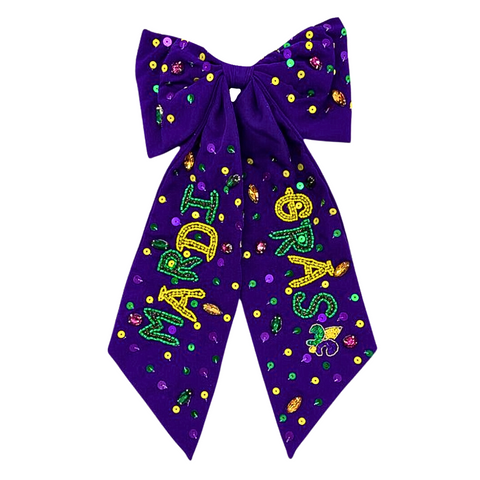 Purple, Green, & Gold Mardi Gras Sequin Hair Bow (Each)