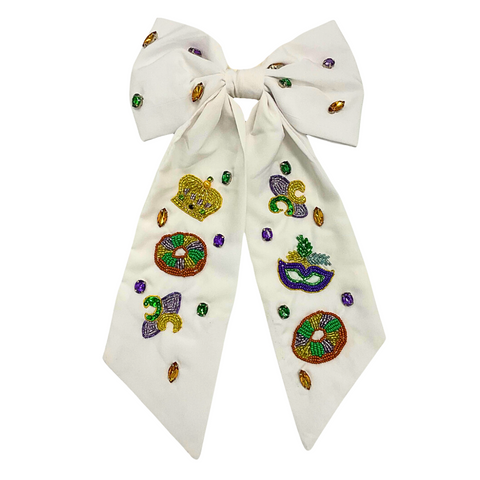 White Mardi Gras Theme Hair Bow (Each)