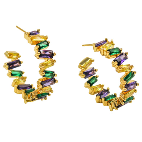 Purple, Green and Yellow Stone Hoop Earrings (Pair)