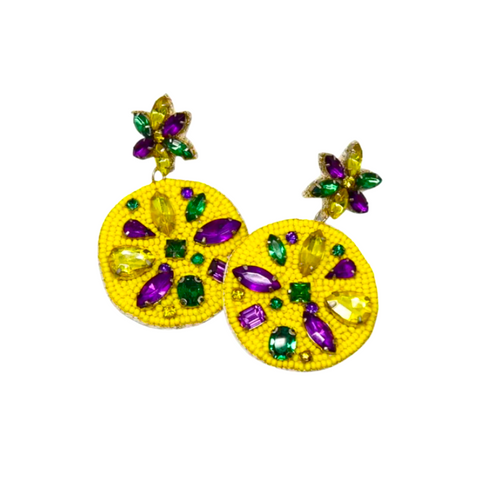 Mardi Gras Glass Stone Embellished Seed Bead Disc Earrings (Pair)