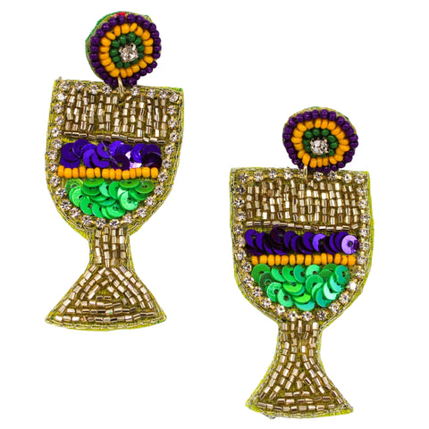 Mardi Gras Wine Glass Beaded Earrings (Pair)