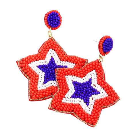 Red, White, and Blue Star Seed Beaded Earrings (Pair)