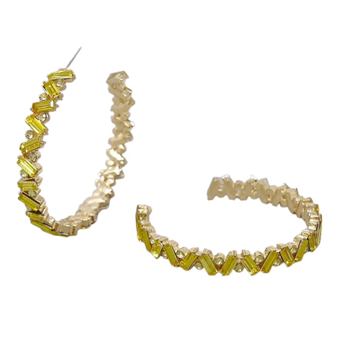 Glass Stone Embellished Hoop Statement Earrings - Gold Topaz (Pair)