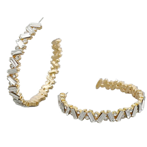 Glass Stone Embellished Hoop Statement Earrings - Gold Clear (Pair)