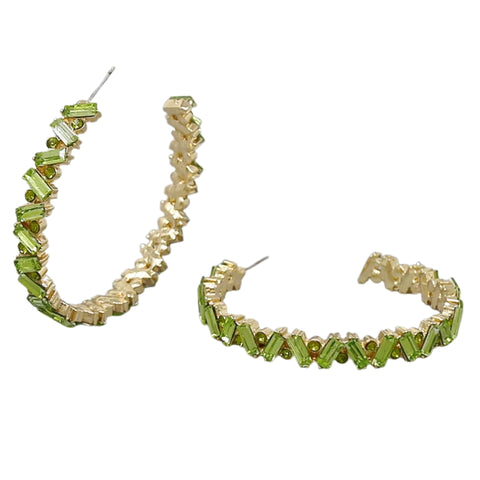 Glass Stone Embellished Hoop Statement Earrings - Gold Olive (Pair)