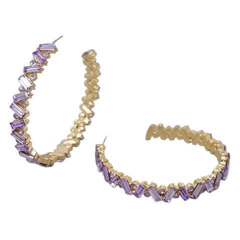 Glass Stone Embellished Hoop Statement Earrings - Gold Lavender (Pair)