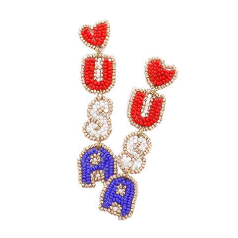 USA Red, White and Blue Seed Beaded Heart Dangle Earrings (Pair)